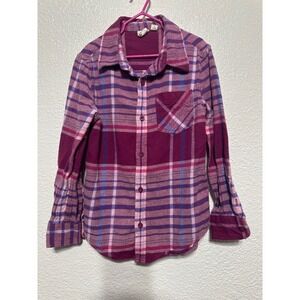Outdoor Kids Plaid Flannel Button Up Shirt Purple Pink Blue Size S